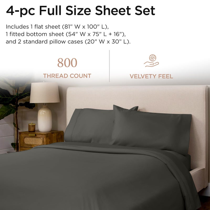 Threadmill Luxury 800 Thread Count Full Size 100% Cotton Sheets - Dark Grey Sateen Weave Bed-Sheets, Better Than Egyptian Cotton, 4 Pc Solid Bedding Set, Fits 16" Deep Pocket - Image 2